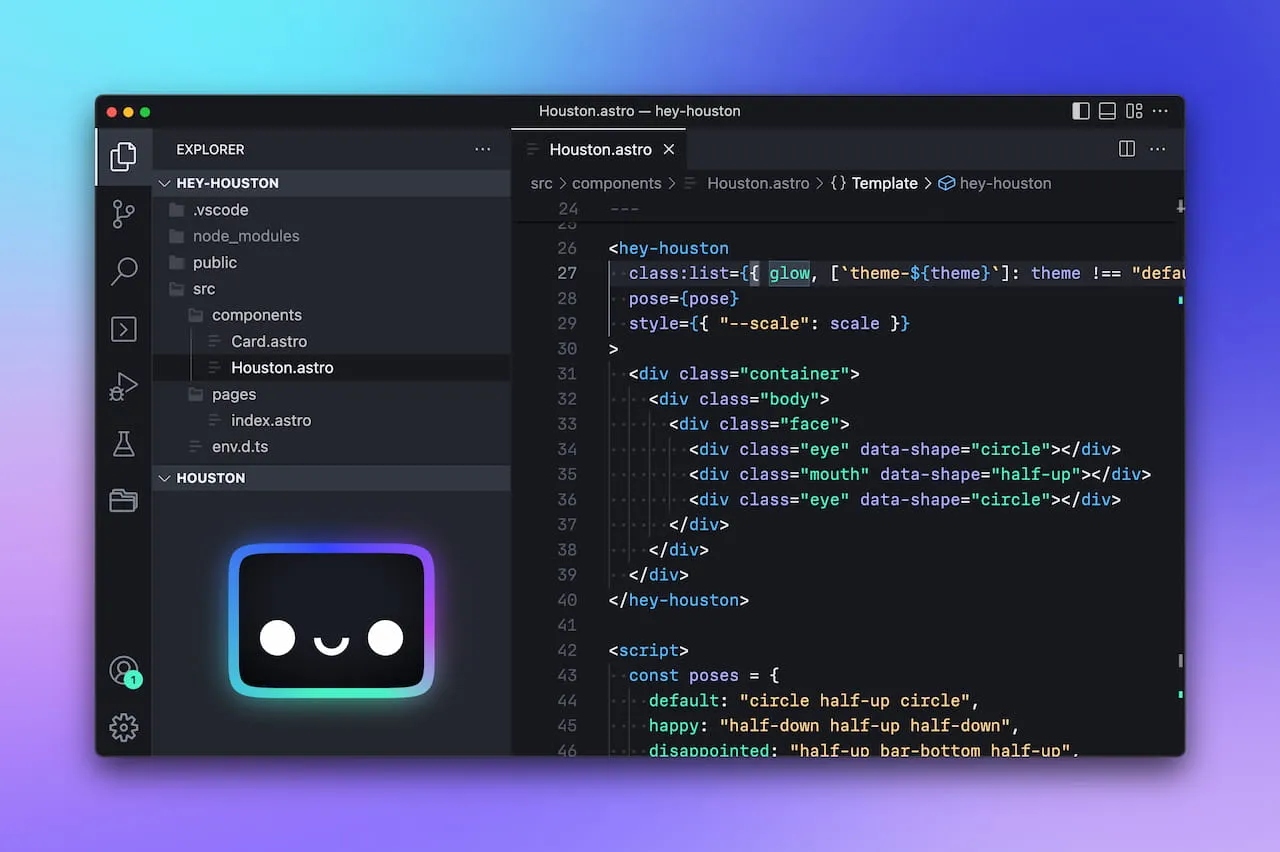 Showing houston theme used inside visual studio code